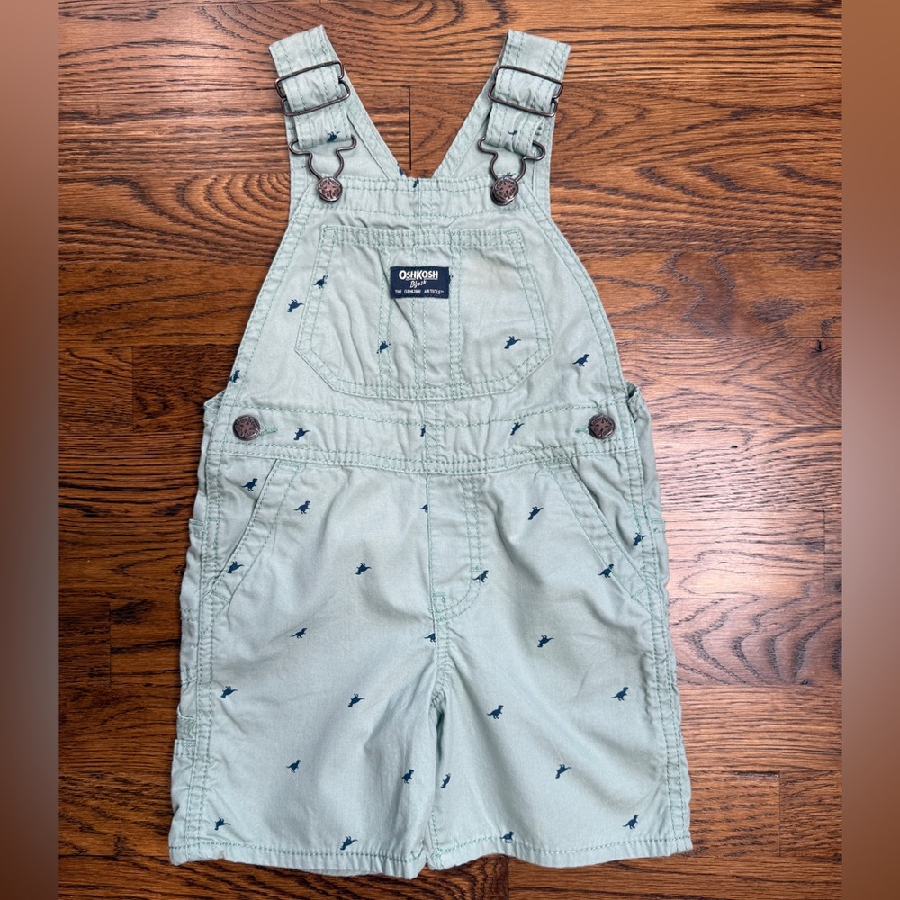 OshKosh B'gosh Kids Sage Green Shortalls with Navy Blue Dinosaur Prints Size 3T